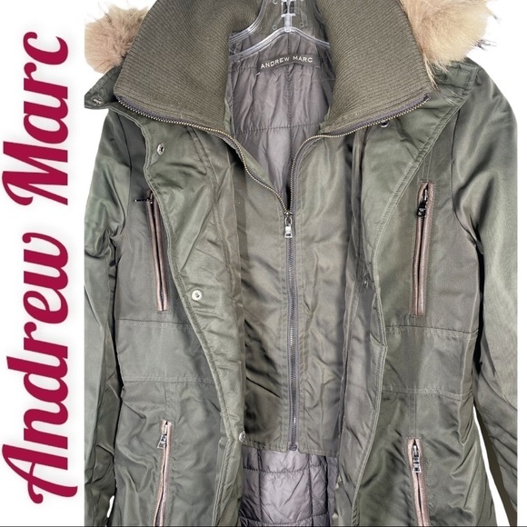 ANDREW MARC Olive Army Green Long Down Coat With Fur Trimmed Hood, Size Small - Picture 5 of 11